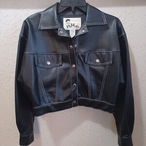 Mad House Womens M Cropped Moto Jacket Black Faux Leather Pleather USA Made